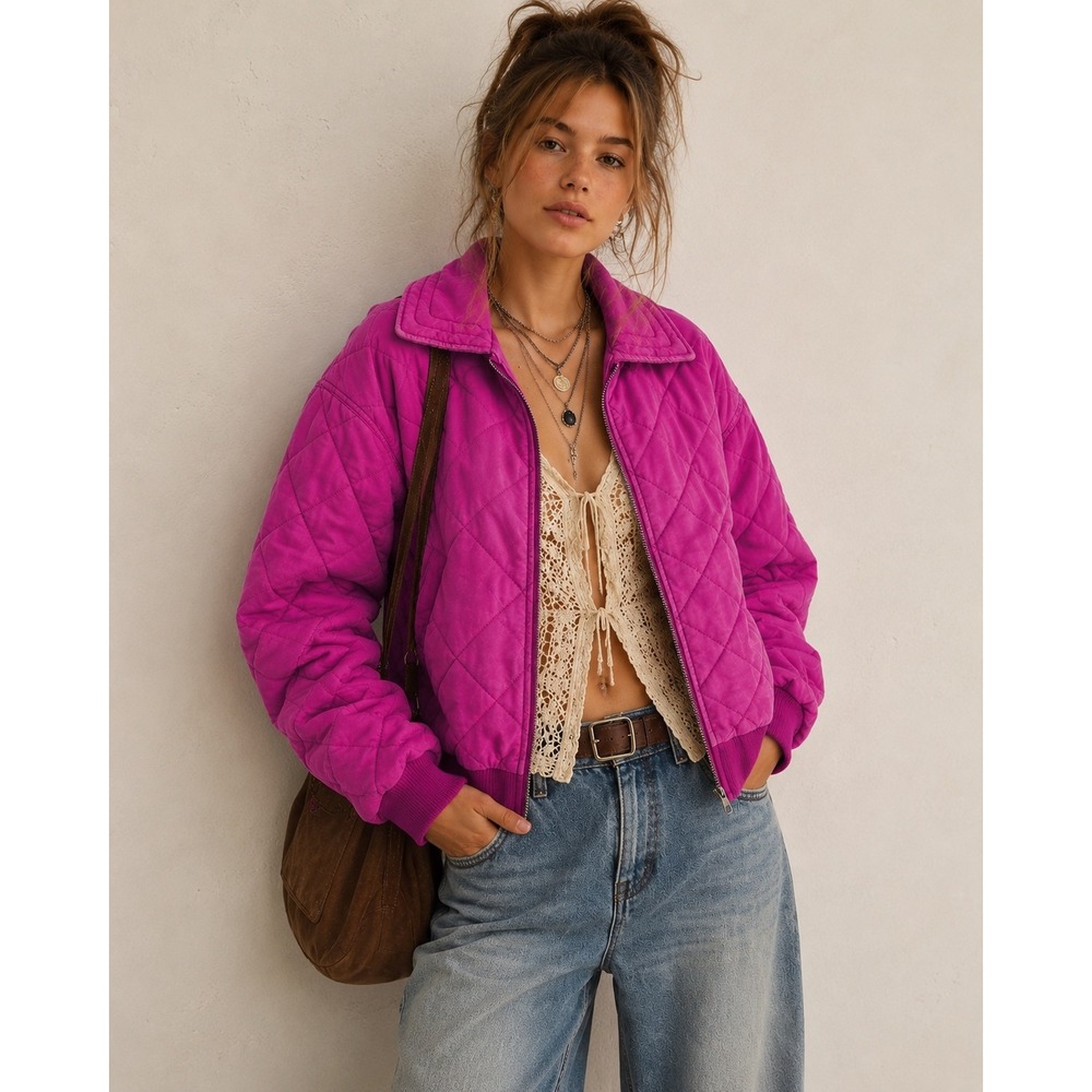 Wild Fable Magenta Pink Quilted Bomber Jacket Diamond Stitch Size S Cotton